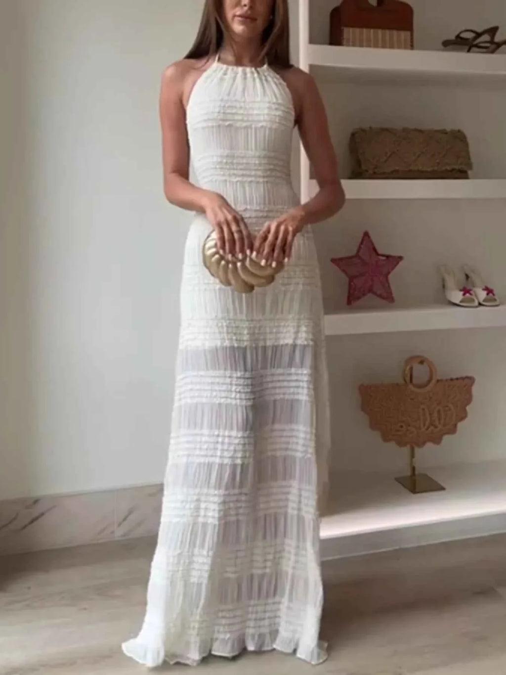 Ruched Halter Neck Maxi Dress